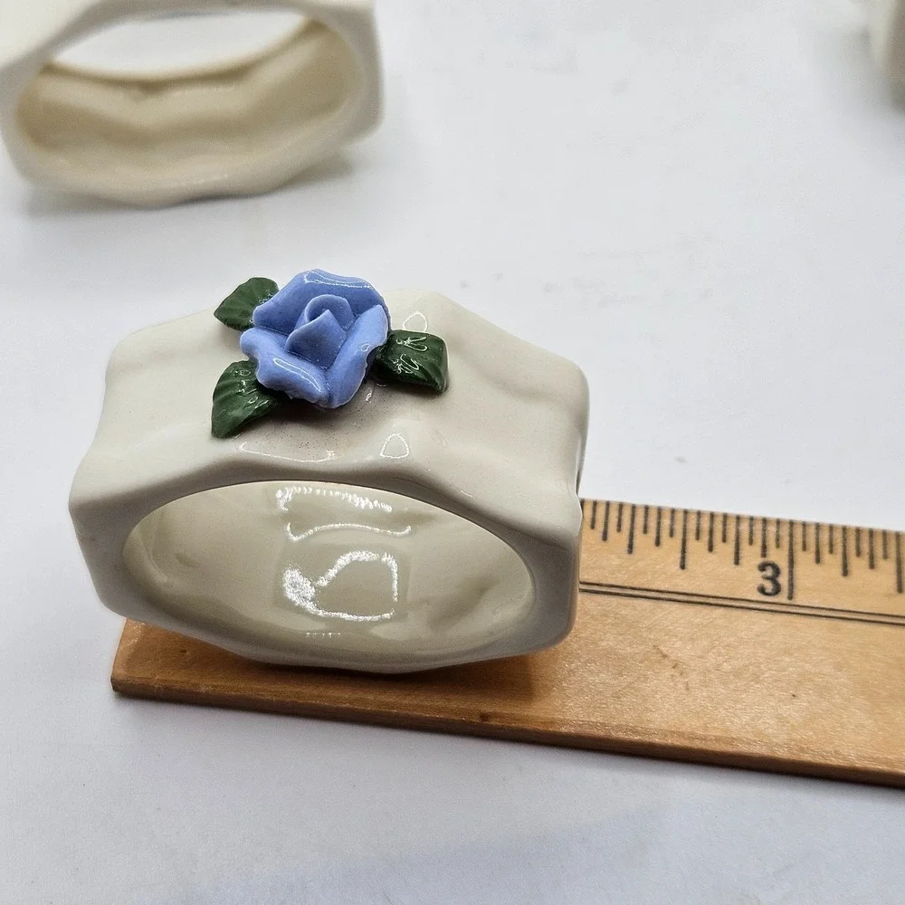 Vintage Porcelain Napkin Rings Set of 6 Blue Rose Floral Grannycore Cottagecore